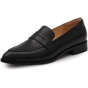 imageMona flying Womens Leather Pointed Toe Penny Loafer Dress Casual Slip on Flat Office Work Shoes for LadiesBlack