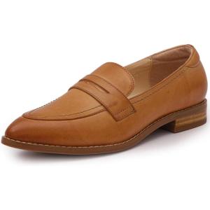 imageMona flying Womens Leather Pointed Toe Penny Loafer Dress Casual Slip on Flat Office Work Shoes for LadiesBrown