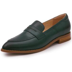 imageMona flying Womens Leather Pointed Toe Penny Loafer Dress Casual Slip on Flat Office Work Shoes for LadiesDark Green