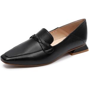 imageMona flying Womens Leather Square Toe Penny Loafer Comfort Dress Casual Slip on Flat Office Work Shoes for LadiesBlack
