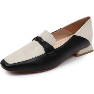 imageMona flying Womens Leather Square Toe Penny Loafer Comfort Dress Casual Slip on Flat Office Work Shoes for LadiesBlackoffwhite