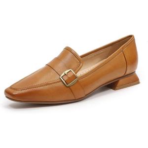 imageMona flying Womens Leather Square Toe Penny Loafer Comfort Dress Casual Slip on Flat Office Work Shoes for LadiesBrown