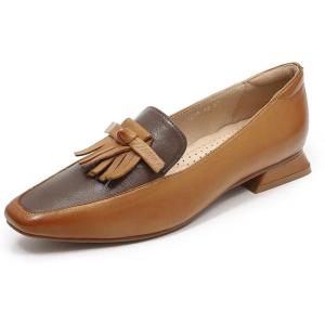 imageMona flying Womens Leather Square Toe Penny Loafer Comfort Dress Casual Slip on Flat Office Work Shoes for LadiesBrown Coffee