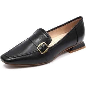 imageMona flying Womens Leather Square Toe Penny Loafer Comfort Dress Casual Slip on Flat Office Work Shoes for LadiesDark Black