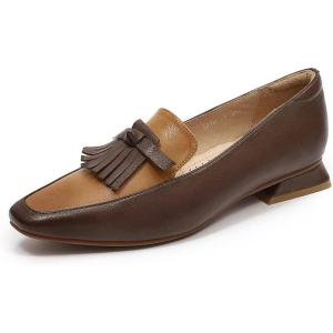 imageMona flying Womens Leather Square Toe Penny Loafer Comfort Dress Casual Slip on Flat Office Work Shoes for LadiesDark Coffeebrown