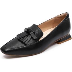 imageMona flying Womens Leather Square Toe Penny Loafer Comfort Dress Casual Slip on Flat Office Work Shoes for LadiesDeep Black