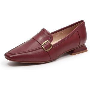 imageMona flying Womens Leather Square Toe Penny Loafer Comfort Dress Casual Slip on Flat Office Work Shoes for LadiesWine Red