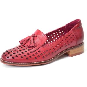 imageMona flying Womens Leather Tassel Loafers Slip On Flats Office Ladies Casual ShoesDate Red