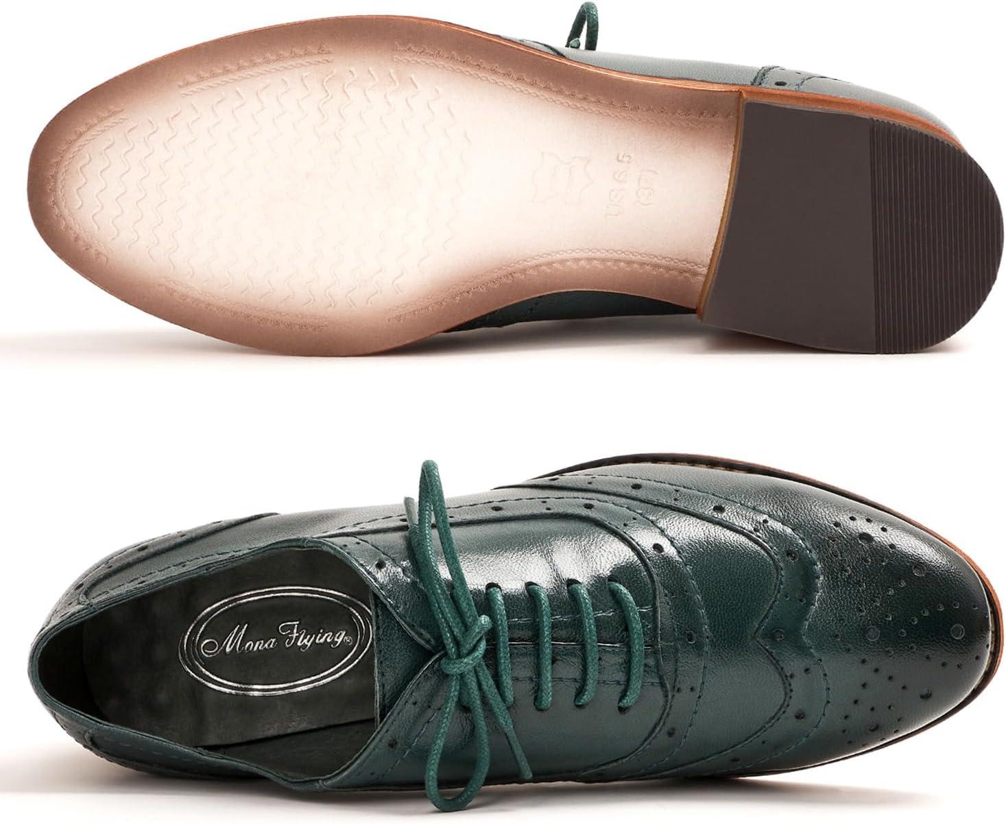 imageMona flying Womens Leather Flat Oxfords Shoes for Women Perforated Laceup Wingtip Vintage Brogues ShoesBlackish Green