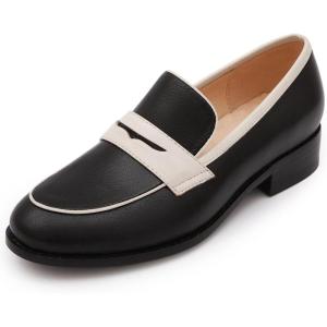 imageMona flying Womens Comfort Leather Round Toe Penny Loafers Dress Casual Slip On Flats Ladies Office Work ShoesBlackoffwhite
