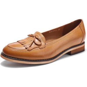 imageMona flying Womens Leather Tassel Loafer Dress Casual Slip on Flat Office Work Shoes for LadiesBrown