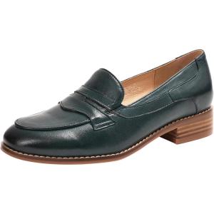 imageMona flying Womens Comfort Leather Round Toe Penny Loafers Dress Casual Slip On Flats Ladies Office Work ShoesDark Green