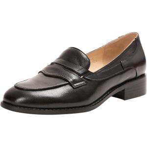 imageMona flying Womens Comfort Leather Round Toe Penny Loafers Dress Casual Slip On Flats Ladies Office Work ShoesPale Black