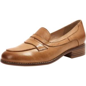 imageMona flying Womens Comfort Leather Round Toe Penny Loafers Dress Casual Slip On Flats Ladies Office Work ShoesPale Brown