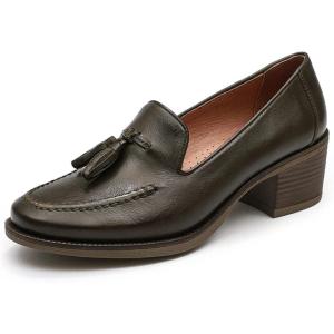 imageMona flying Womens Leather Chunky Mid Heel Tassel Loafers Pumps Vintage Office Work Heel Shoes for LadiesArmy Green