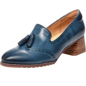 imageMona flying Womens Leather Chunky Mid Heel Tassel Loafers Pumps Vintage Office Work Heel Shoes for LadiesBlue